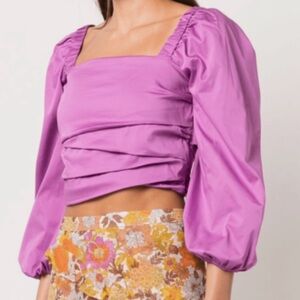 Veronica Beard Purple Puff-Sleeve Square-Neck Crop Top
